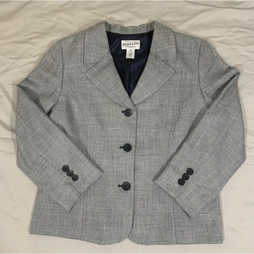 Pendleton Blazer Womens Gray 3 Button Petite Size 12 Wool Rayon Silk